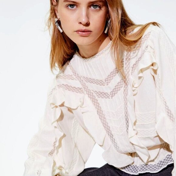 NWT IRO Paris Nea Blouse Ruffle Lace Trim Ecru XS Made in France MSRP $375 - Picture 1 of 6